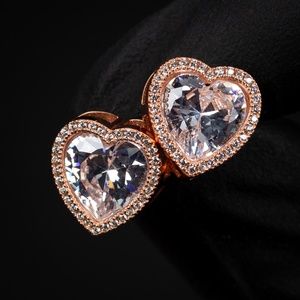 Heart Shaped Womens Rose Gold 925 Sterling Silver Stud Cz Screw Back Earrings